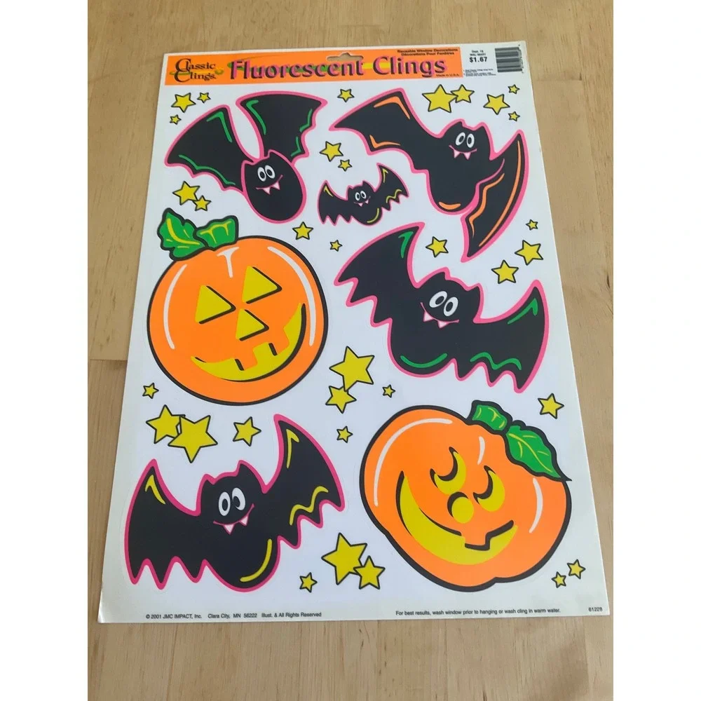 Vintage 2001 Classic Clings Fluorescent Halloween Window Decals Bats Pumpkins